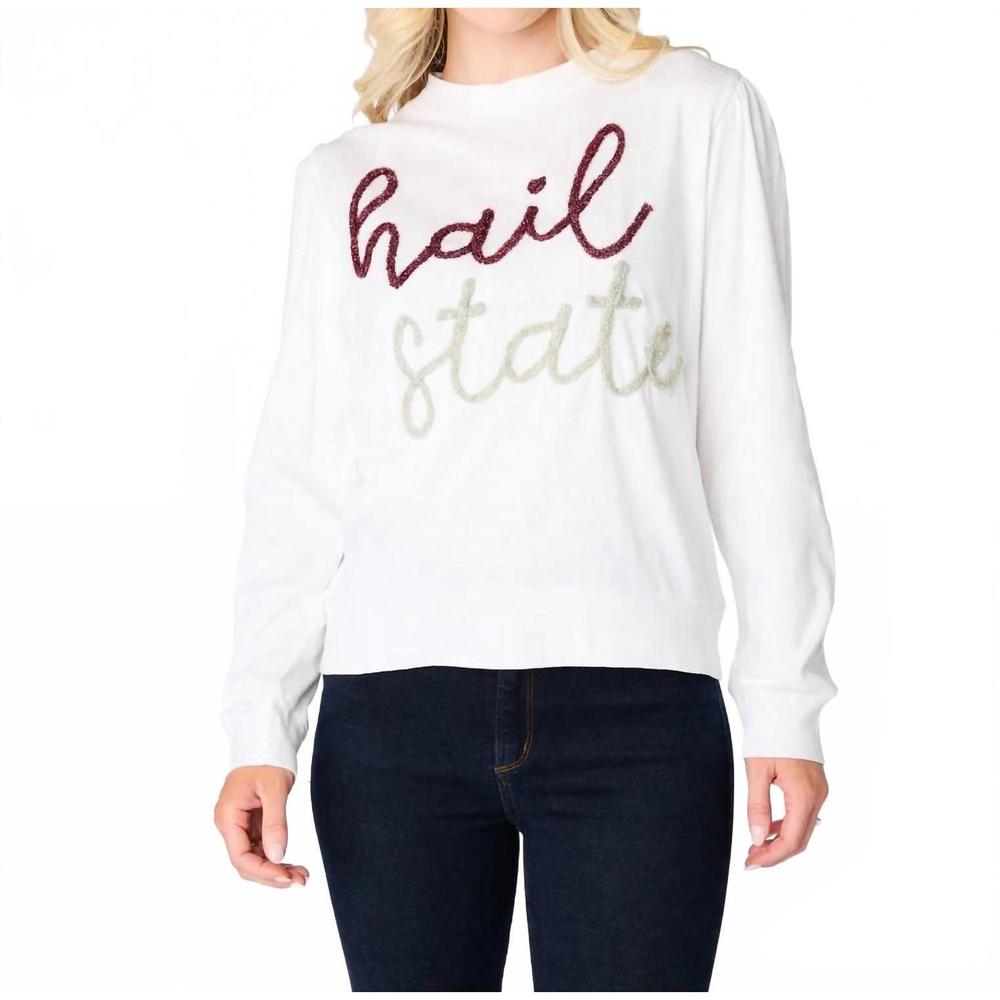 NEW STEWART SIMMONS hail state glitter script long sleeve tee in white